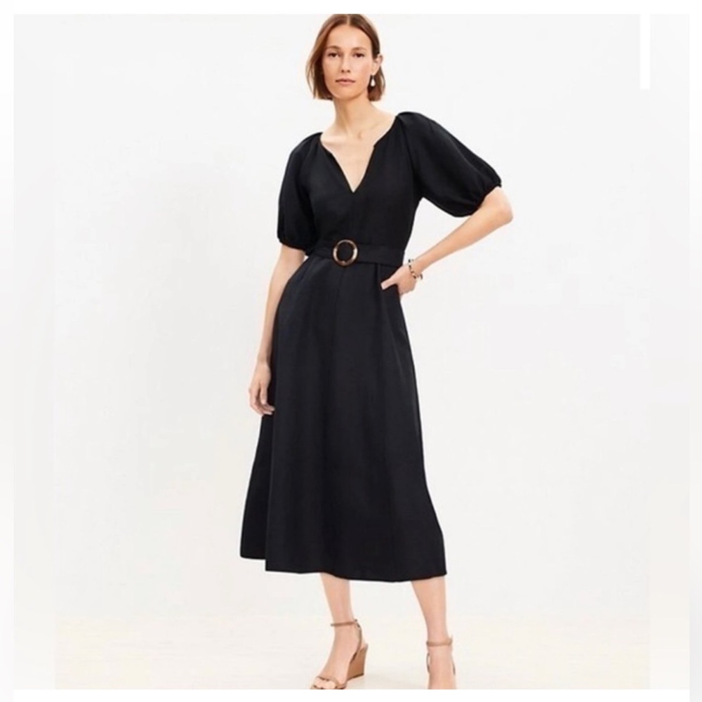 Loft black linen blend belted dress size 6P petite